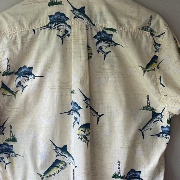 HOOK & TACKLE Swordfish Lighthouse Fishing Nautical Map Button Down Size Medium - Picture 10 of 11